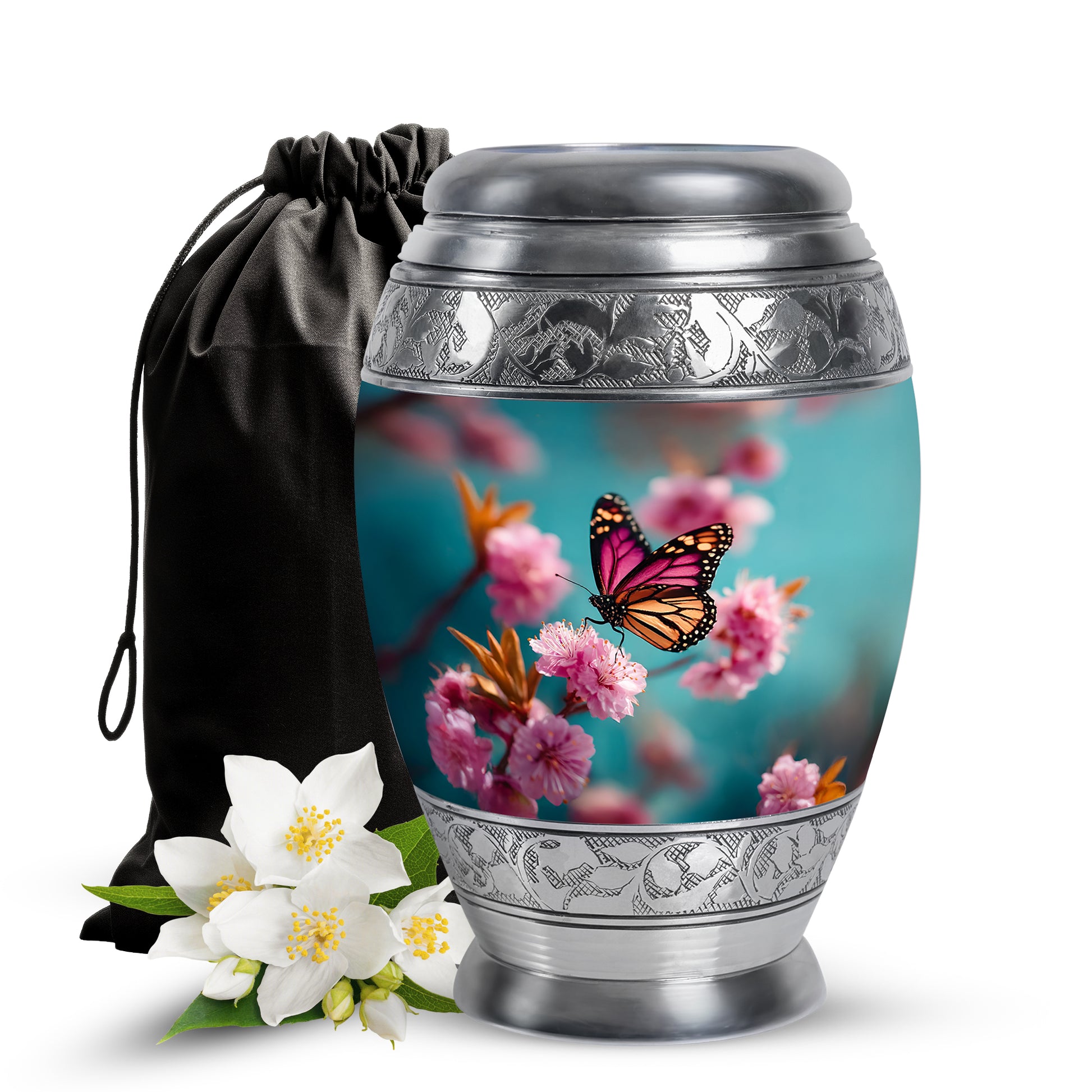 Pink Butterfly Funeral Urn - Floral Cremation Urn For Human Ashes