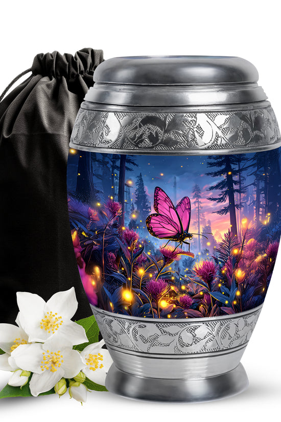 Pink Butterfly Forest Funeral Urn - Pink Flower Theme Cremation Urn For Burial