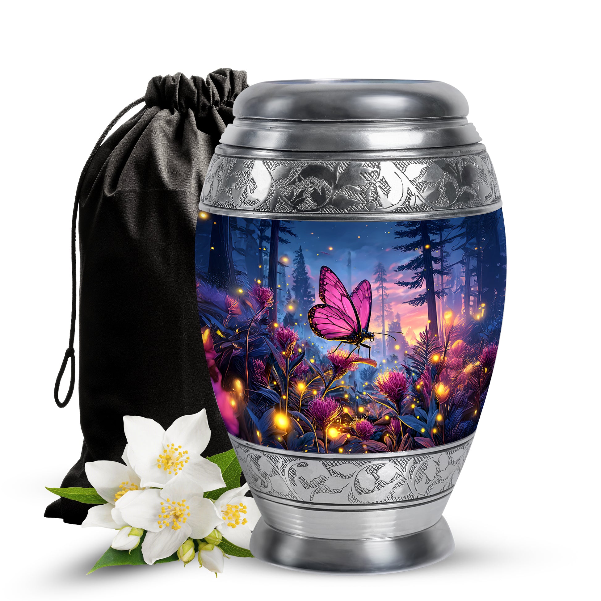 Pink Butterfly Forest Funeral Urn - Pink Flower Theme Cremation Urn For Burial