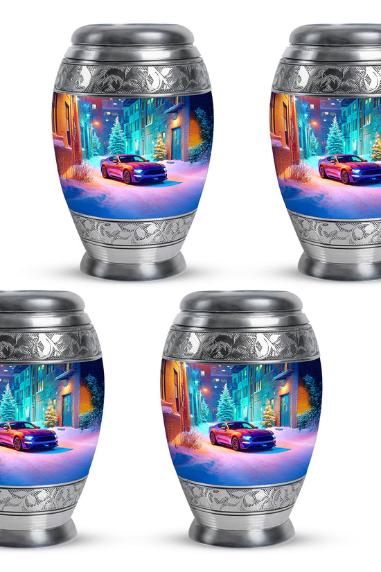 Cobalt Blue Car Cremation Urn urn with complimentary velvet bag - majestic car pattern with filigree border - 10 inch aluminum urn for cremated remains