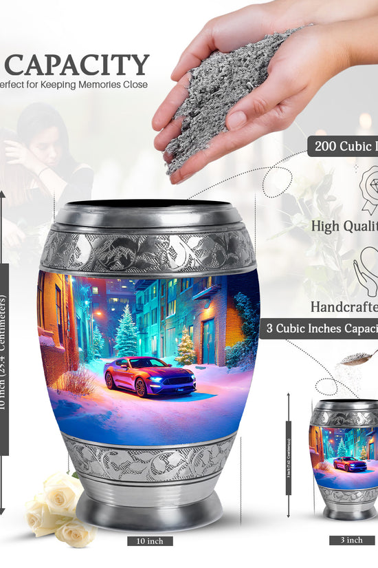 Soft Blue Car Cremation Urn lifestyle display on memorial shelf - majestic car pattern with filigree border - mini keepsake memorial for portion of cremation ashes