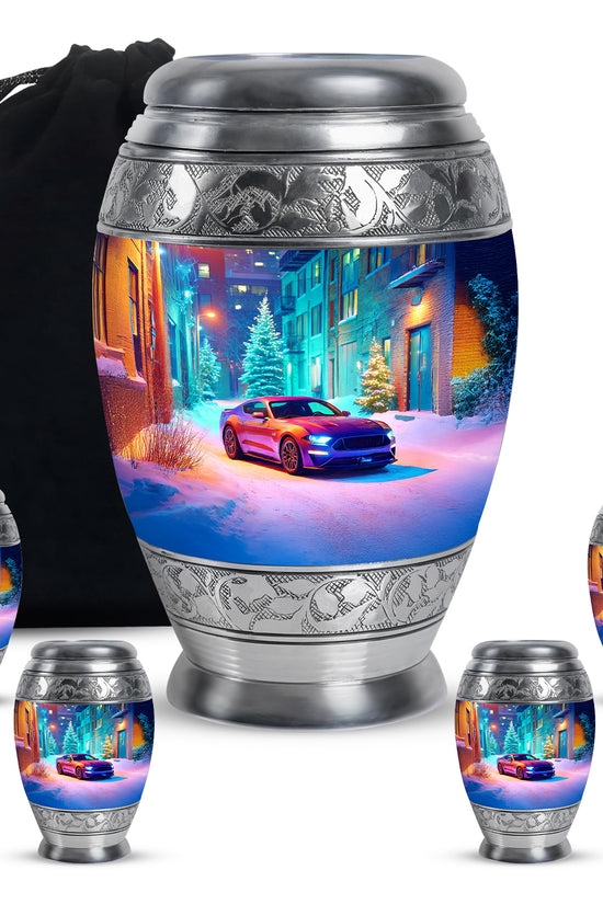 Bright Blue Car Cremation Urn detail view - majestic car pattern with filigree border - memorial set with one large and four small urns
