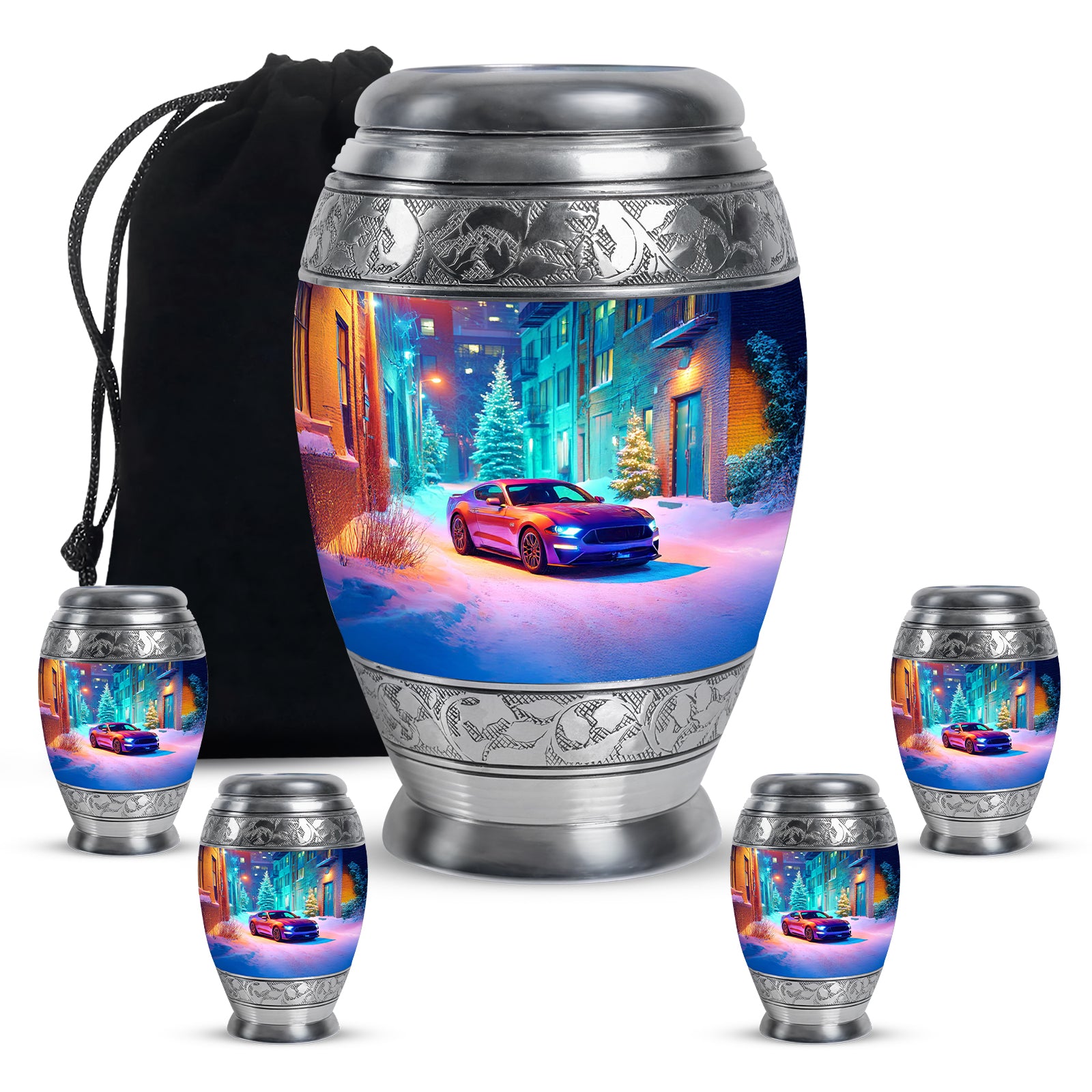 Bright Blue Car Cremation Urn detail view - majestic car pattern with filigree border - memorial set with one large and four small urns