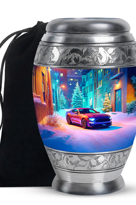 Celestial Blue Car Cremation Urn back view with polished surface - regal car design with crown-inspired accents - full-size 10 inch 200 cubic inch adult cremation urn