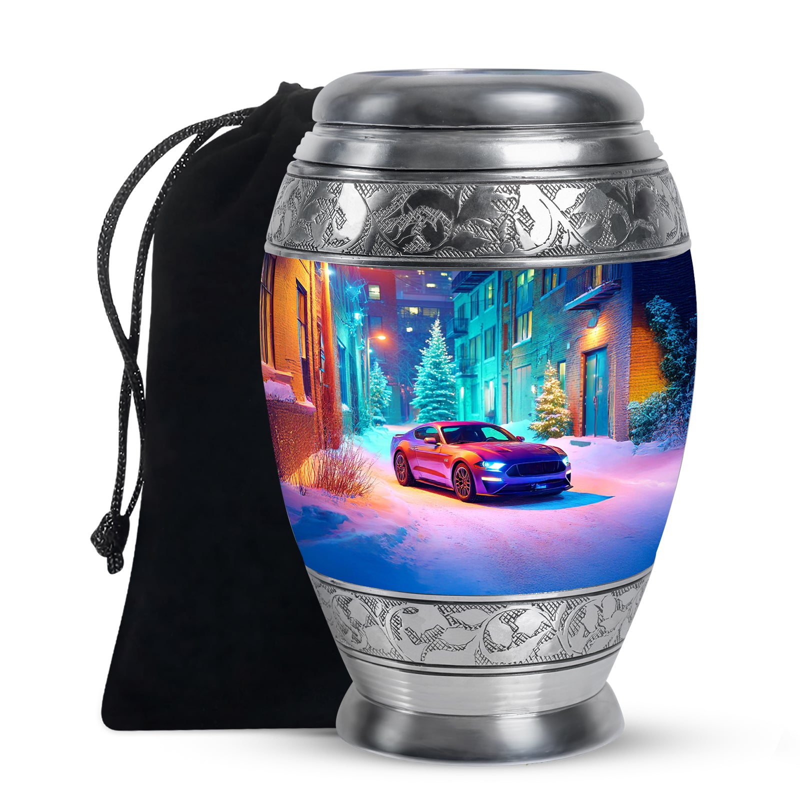 Celestial Blue Car Cremation Urn back view with polished surface - regal car design with crown-inspired accents - full-size 10 inch 200 cubic inch adult cremation urn