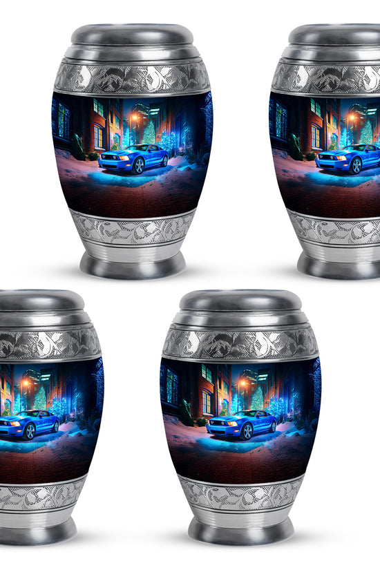 Sapphire Blue Car Cremation Urn urn with complimentary velvet bag - majestic car pattern with filigree border - 10 inch aluminum urn for cremated remains