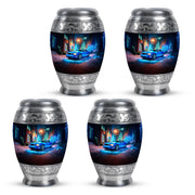 Sapphire Blue Car Cremation Urn urn with complimentary velvet bag - majestic car pattern with filigree border - 10 inch aluminum urn for cremated remains