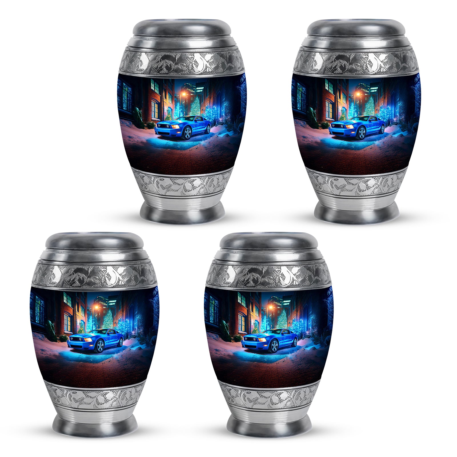 Sapphire Blue Car Cremation Urn urn with complimentary velvet bag - majestic car pattern with filigree border - 10 inch aluminum urn for cremated remains
