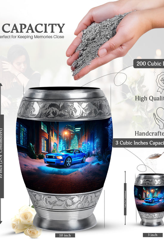 Celestial Blue Car Cremation Urn lifestyle display on memorial shelf - ornate monarch-style car relief on brushed aluminum - mini keepsake memorial for portion of cremation ashes