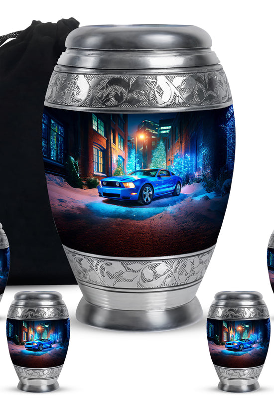 Soft Blue Car Cremation Urn detail view - royal car engraving with decorative scrollwork - memorial set with one large and four small urns