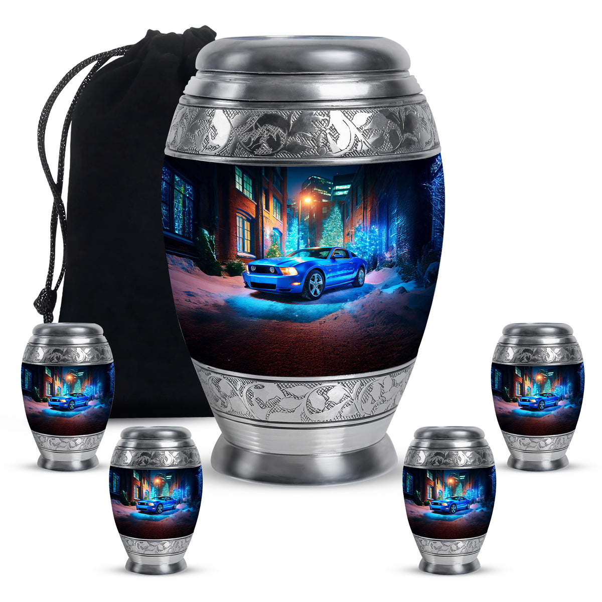 Soft Blue Car Cremation Urn detail view - royal car engraving with decorative scrollwork - memorial set with one large and four small urns