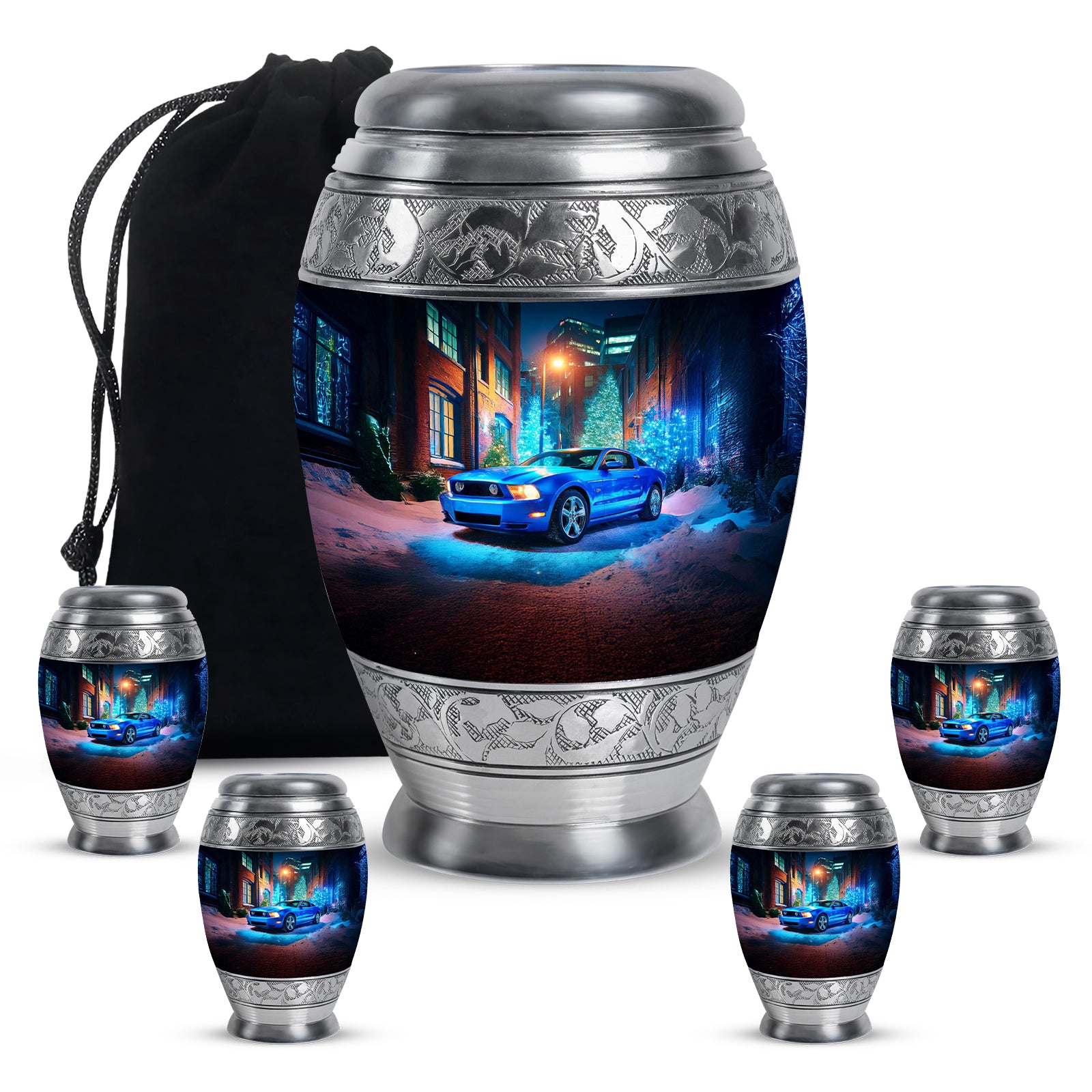 Soft Blue Car Cremation Urn detail view - royal car engraving with decorative scrollwork - memorial set with one large and four small urns