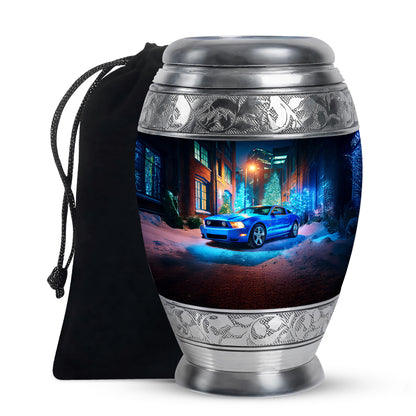 Cornflower Blue Car Cremation Urn back view with polished surface - royal car engraving with decorative scrollwork - full-size 10 inch 200 cubic inch adult cremation urn