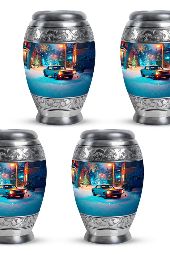Mist Gray Car Cremation Urn urn with complimentary velvet bag - ornate monarch-style car relief on brushed aluminum - 10 inch aluminum urn for cremated remains