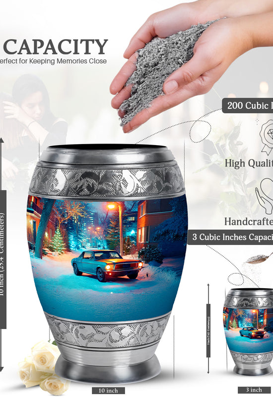 Silver Gray Car Cremation Urn lifestyle display on memorial shelf - regal car design with crown-inspired accents - mini keepsake memorial for portion of cremation ashes
