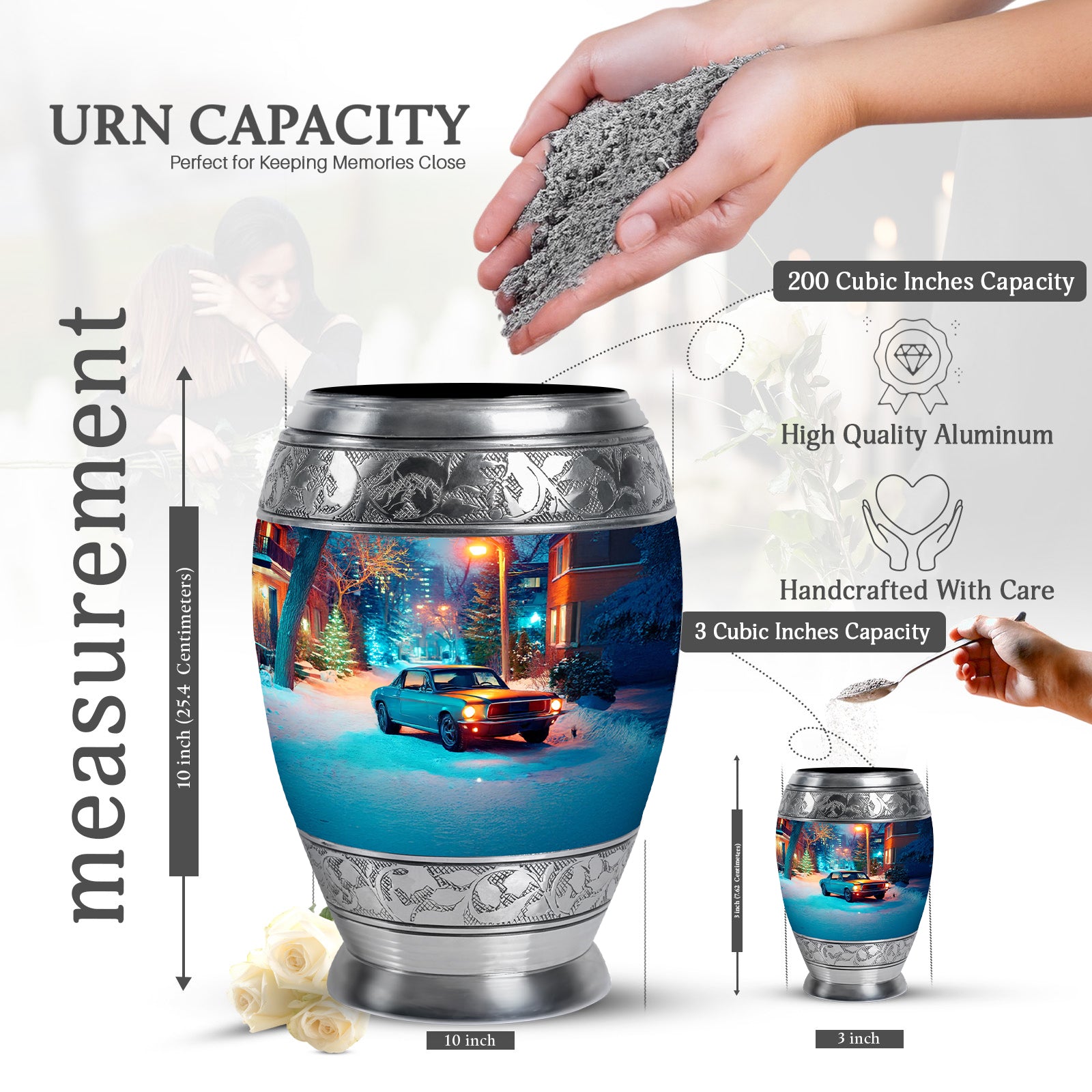 Silver Gray Car Cremation Urn lifestyle display on memorial shelf - regal car design with crown-inspired accents - mini keepsake memorial for portion of cremation ashes