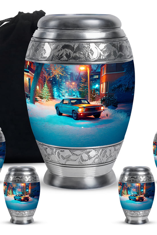 Slate Gray Car Cremation Urn detail view - majestic car pattern with filigree border - memorial set with one large and four small urns