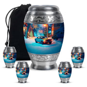 Slate Gray Car Cremation Urn detail view - majestic car pattern with filigree border - memorial set with one large and four small urns