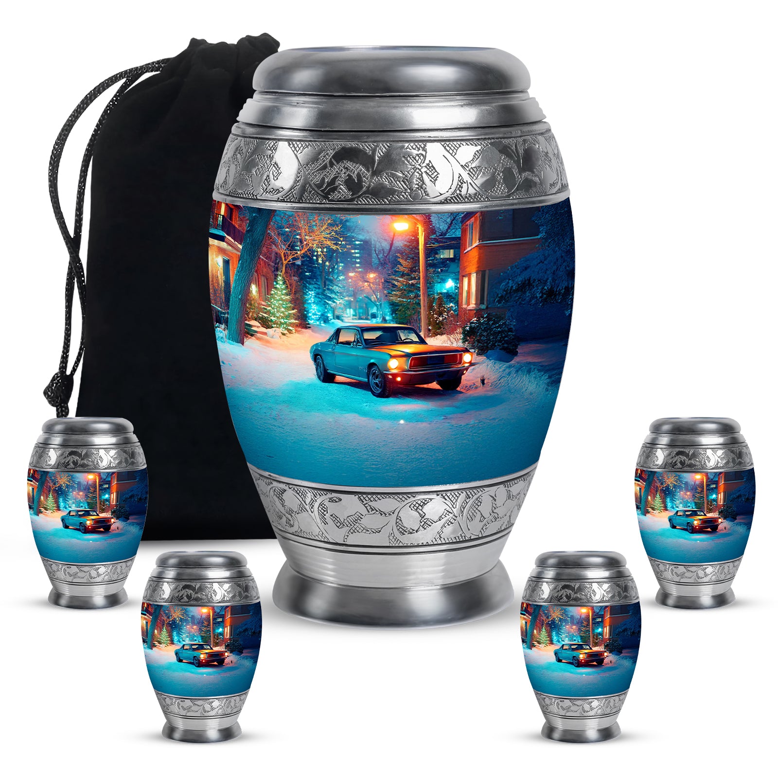 Slate Gray Car Cremation Urn detail view - majestic car pattern with filigree border - memorial set with one large and four small urns