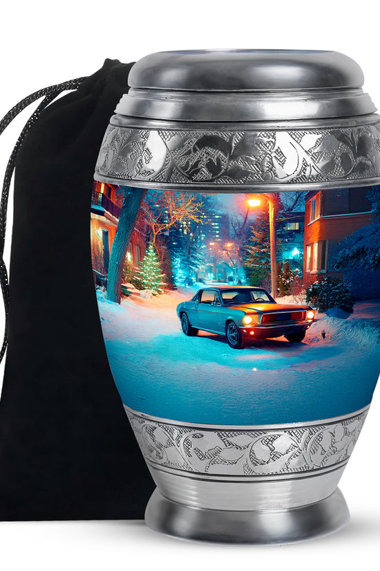 Mist Gray Car Cremation Urn back view with polished surface - ornate monarch-style car relief on brushed aluminum - full-size 10 inch 200 cubic inch adult cremation urn