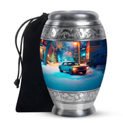 Mist Gray Car Cremation Urn back view with polished surface - ornate monarch-style car relief on brushed aluminum - full-size 10 inch 200 cubic inch adult cremation urn