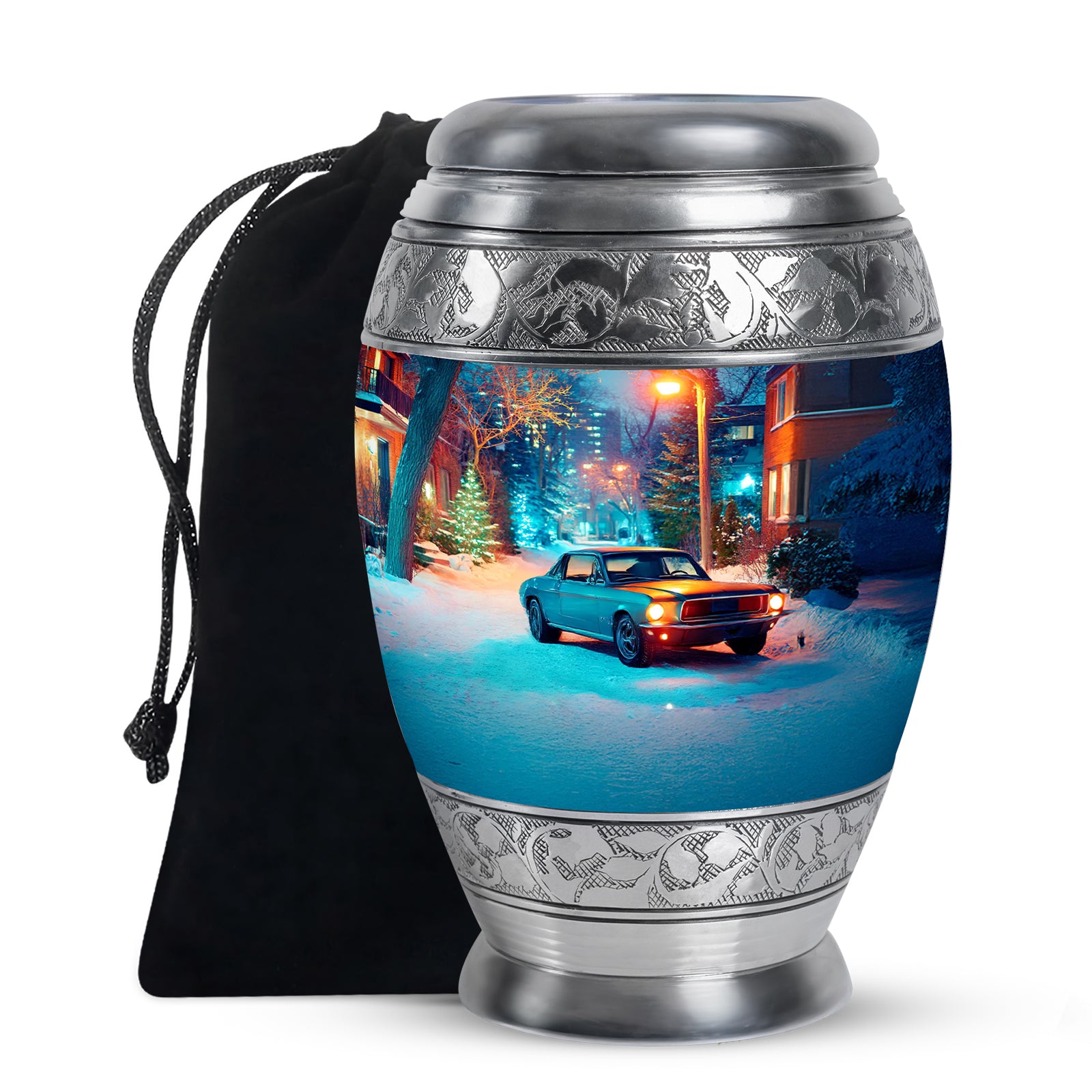 Mist Gray Car Cremation Urn back view with polished surface - ornate monarch-style car relief on brushed aluminum - full-size 10 inch 200 cubic inch adult cremation urn
