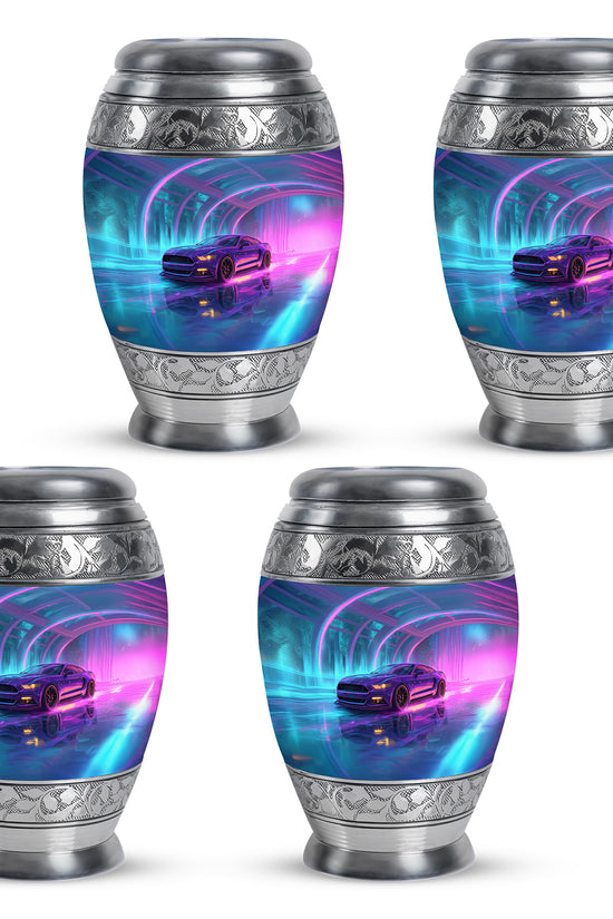 Cobalt Blue Car Cremation Urn urn with complimentary velvet bag - majestic car pattern with filigree border - 10 inch aluminum urn for cremated remains