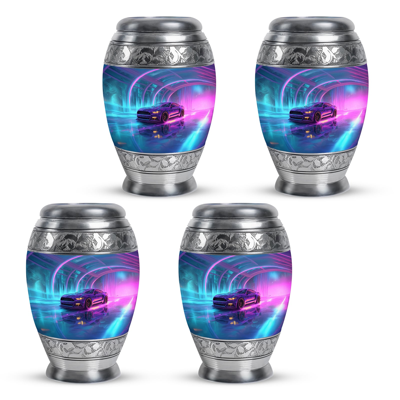 Cobalt Blue Car Cremation Urn urn with complimentary velvet bag - majestic car pattern with filigree border - 10 inch aluminum urn for cremated remains