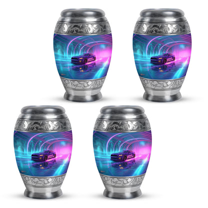 Cobalt Blue Car Cremation Urn urn with complimentary velvet bag - majestic car pattern with filigree border - 10 inch aluminum urn for cremated remains