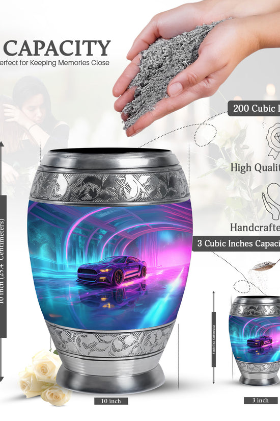 Slate Blue Car Cremation Urn lifestyle display on memorial shelf - ornate monarch-style car relief on brushed aluminum - mini keepsake memorial for portion of cremation ashes