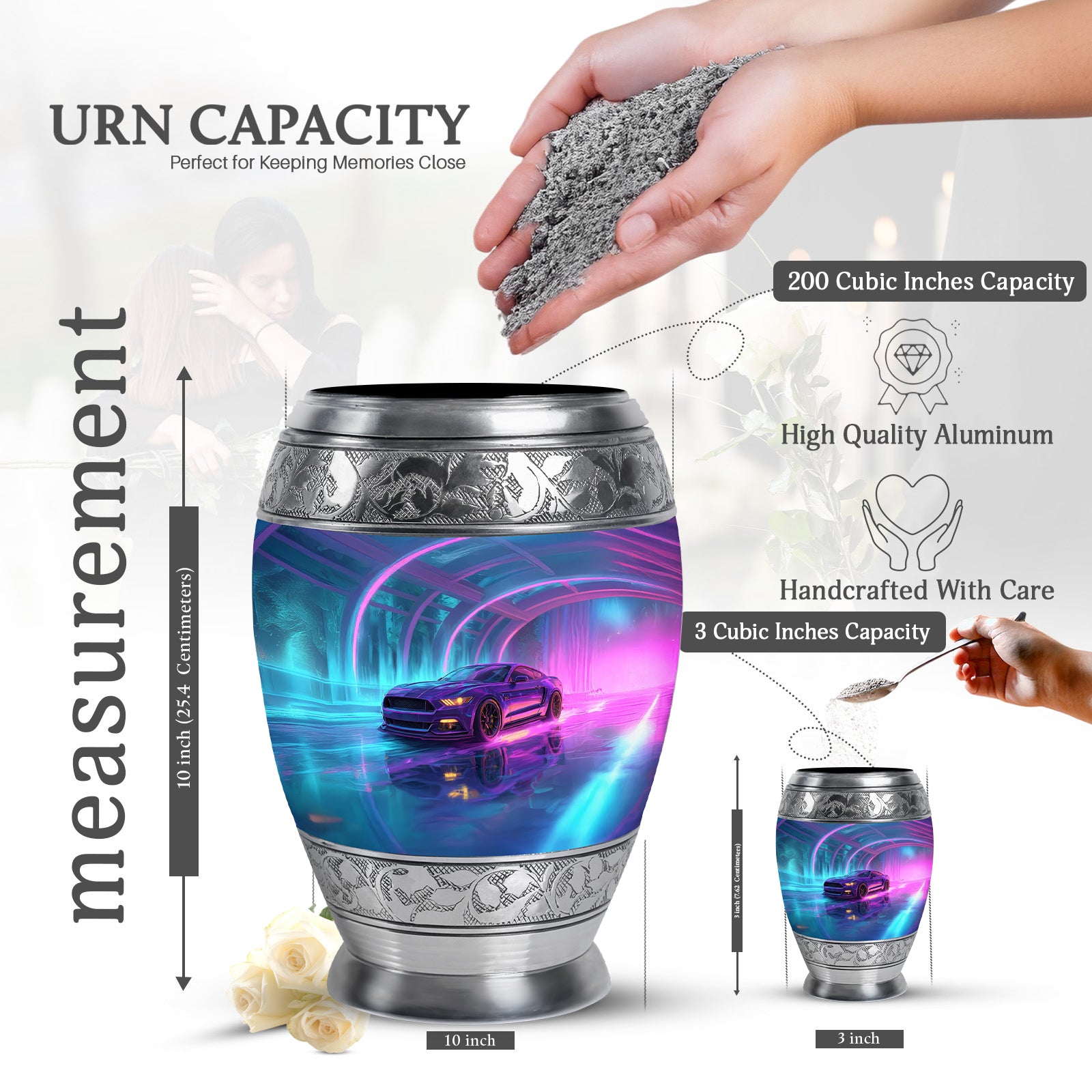 Slate Blue Car Cremation Urn lifestyle display on memorial shelf - ornate monarch-style car relief on brushed aluminum - mini keepsake memorial for portion of cremation ashes