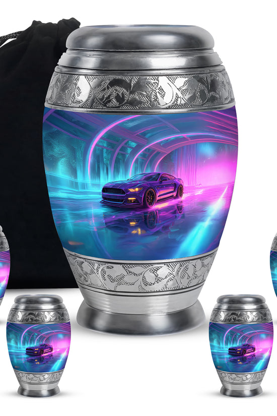 Royal Blue Car Cremation Urn detail view - royal car engraving with decorative scrollwork - memorial set with one large and four small urns