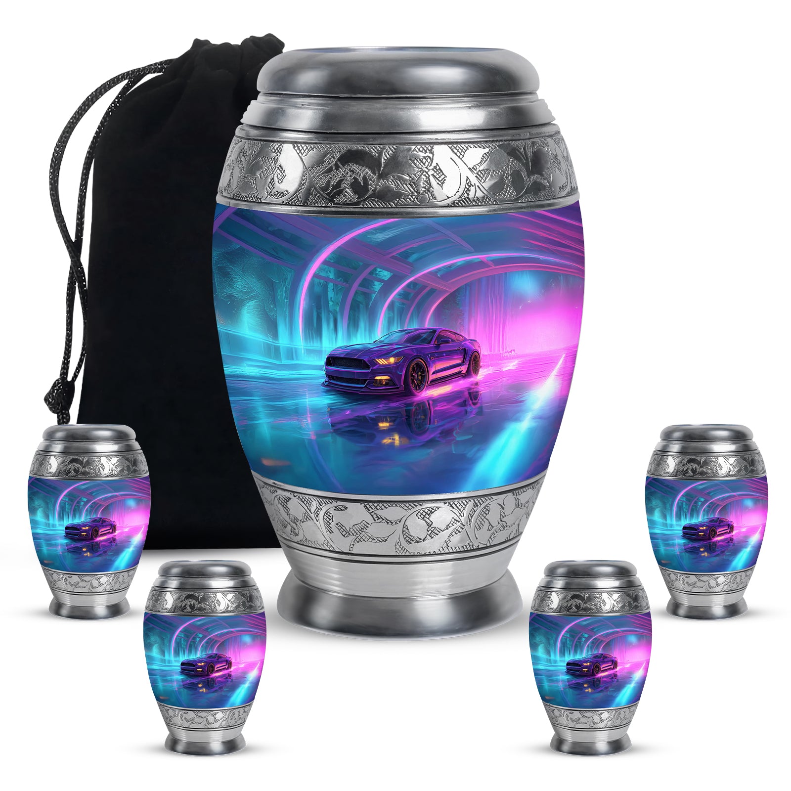 Royal Blue Car Cremation Urn detail view - royal car engraving with decorative scrollwork - memorial set with one large and four small urns