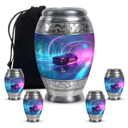 Royal Blue Car Cremation Urn detail view - royal car engraving with decorative scrollwork - memorial set with one large and four small urns