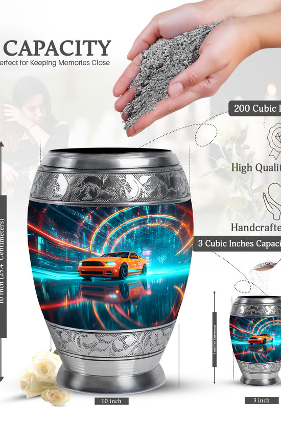 Calming Blue Car Cremation Urn lifestyle display on memorial shelf - majestic car pattern with filigree border - mini keepsake memorial for portion of cremation ashes