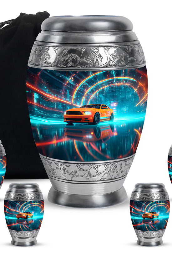 Calming Blue Car Cremation Urn detail view - majestic car pattern with filigree border - memorial set with one large and four small urns