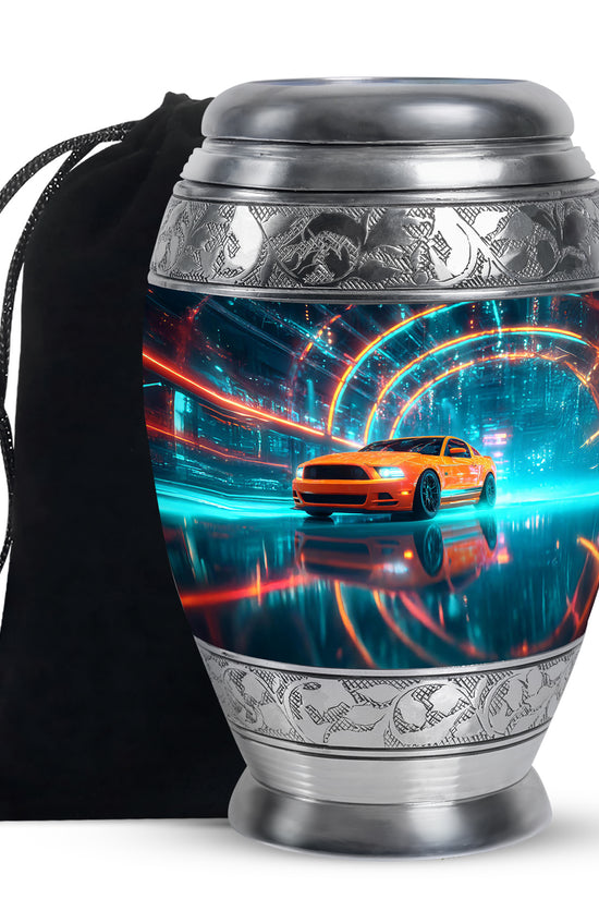 Slate Blue Car Cremation Urn back view with polished surface - ornate monarch-style car relief on brushed aluminum - full-size 10 inch 200 cubic inch adult cremation urn