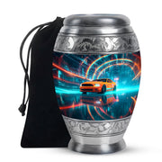 Slate Blue Car Cremation Urn back view with polished surface - ornate monarch-style car relief on brushed aluminum - full-size 10 inch 200 cubic inch adult cremation urn