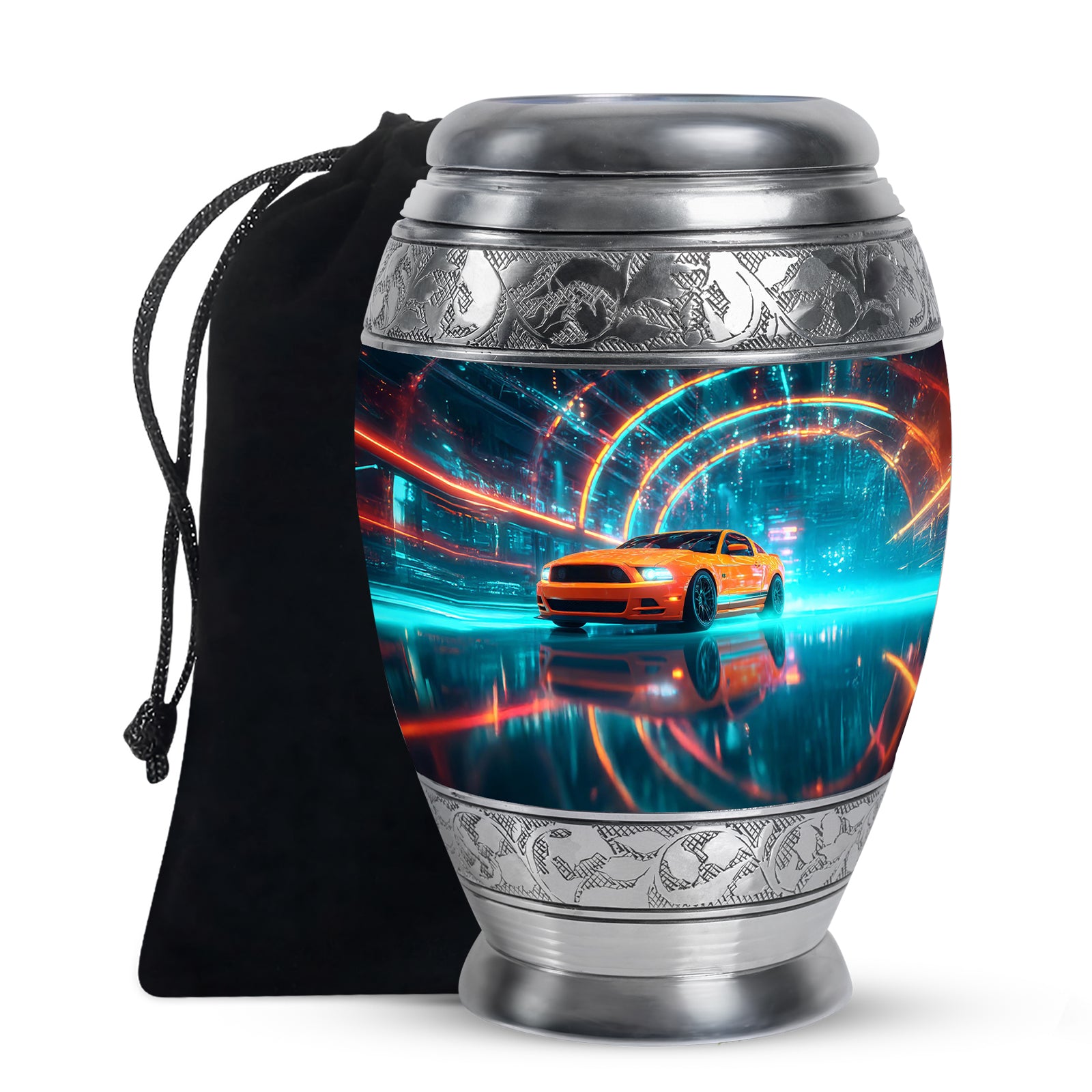 Slate Blue Car Cremation Urn back view with polished surface - ornate monarch-style car relief on brushed aluminum - full-size 10 inch 200 cubic inch adult cremation urn