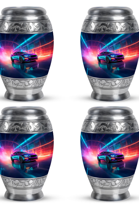 Indigo Car Cremation Urn urn with complimentary velvet bag - regal car design with crown-inspired accents - 10 inch aluminum urn for cremated remains