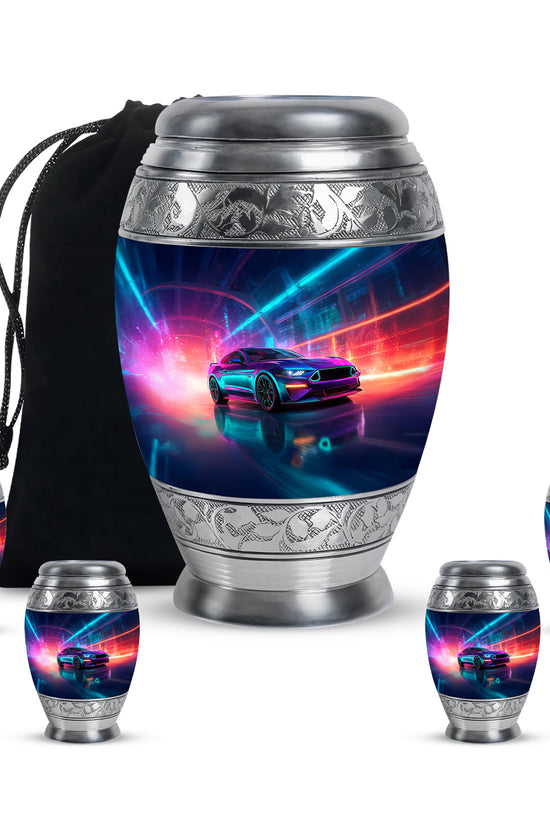 Serene Blue Car Cremation Urn detail view - royal car engraving with decorative scrollwork - memorial set with one large and four small urns