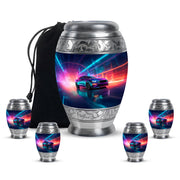 Serene Blue Car Cremation Urn detail view - royal car engraving with decorative scrollwork - memorial set with one large and four small urns