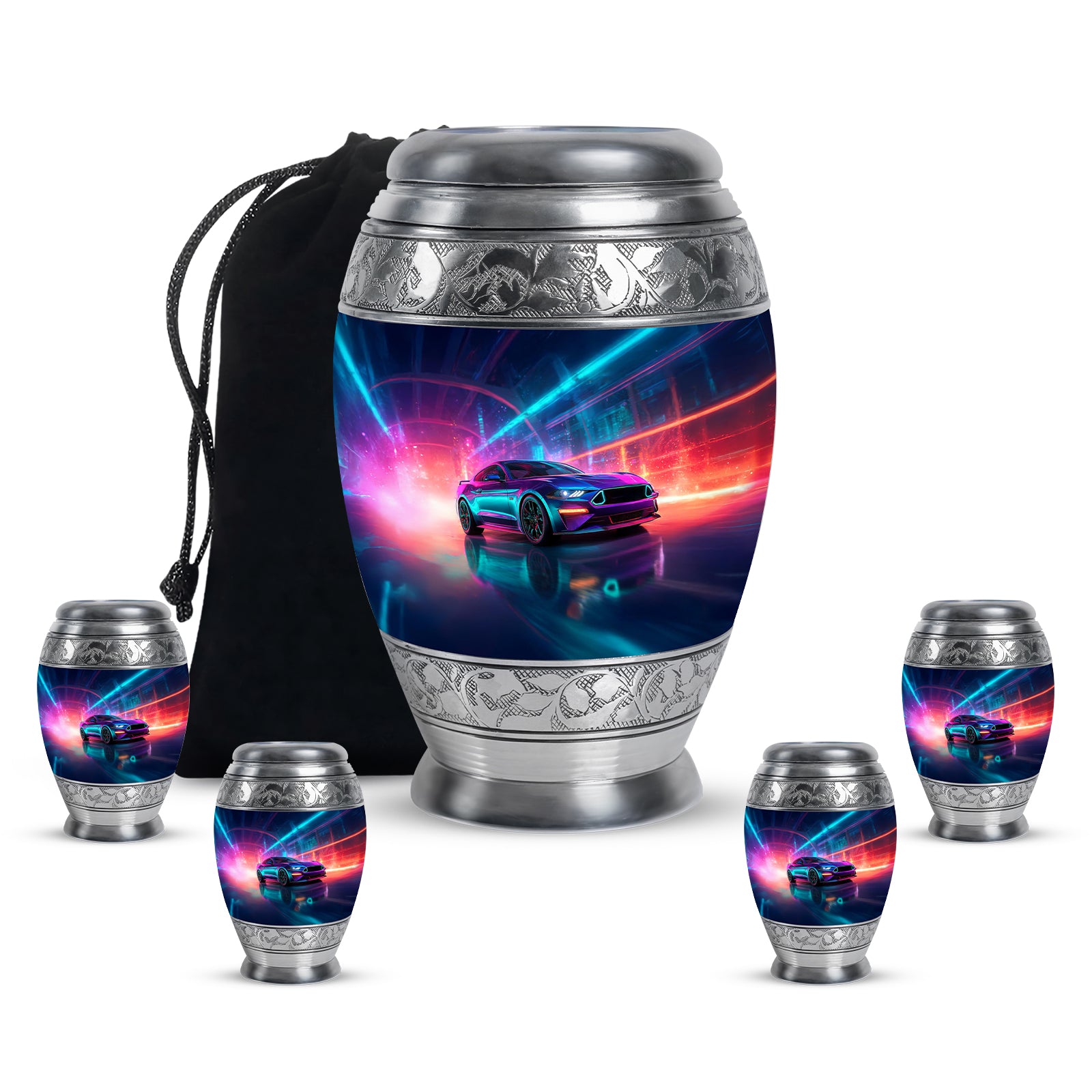 Serene Blue Car Cremation Urn detail view - royal car engraving with decorative scrollwork - memorial set with one large and four small urns