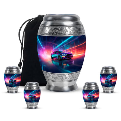 Serene Blue Car Cremation Urn detail view - royal car engraving with decorative scrollwork - memorial set with one large and four small urns