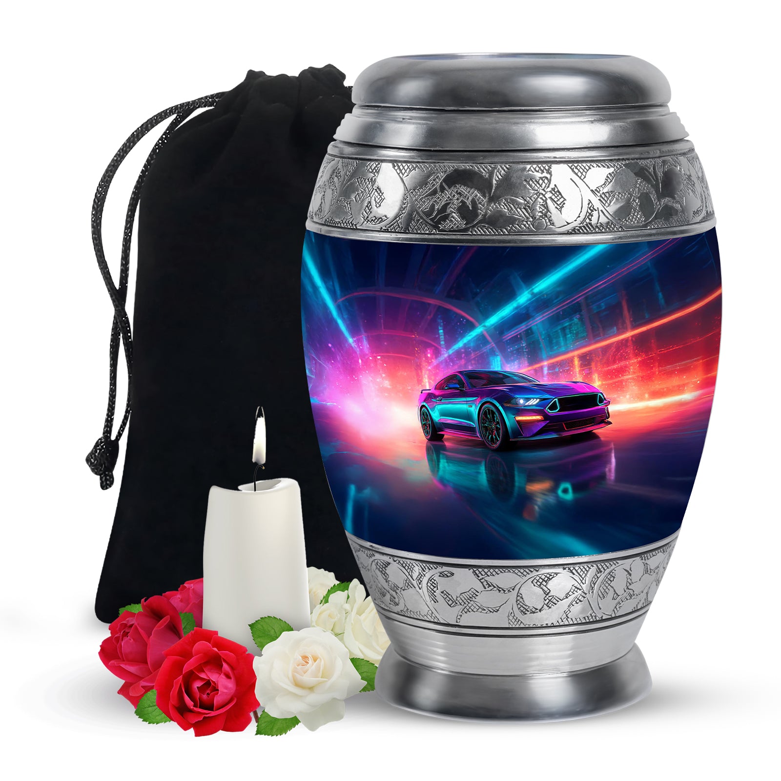 Pastel Blue Car Cremation Urn back view with polished surface - regal car design with crown-inspired accents - full-size 10 inch 200 cubic inch adult cremation urn