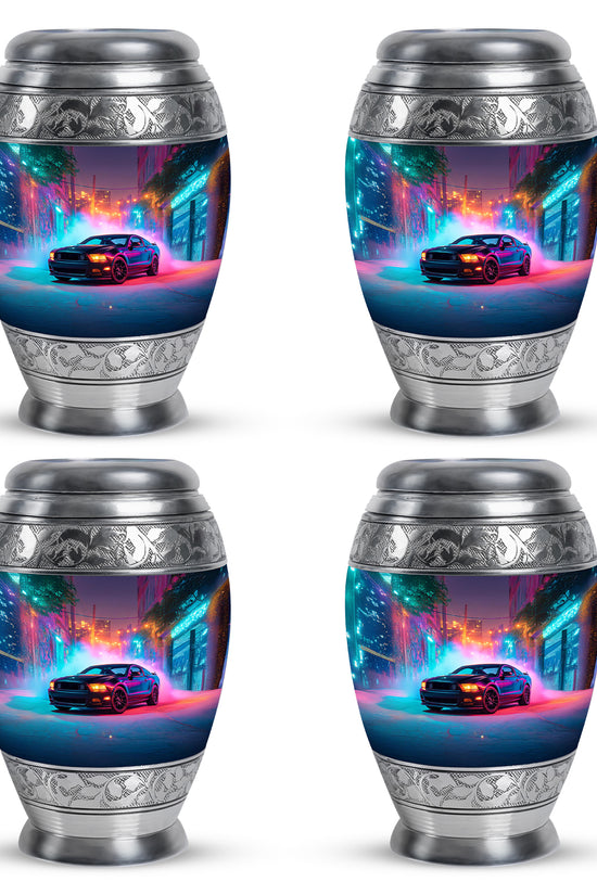 Cornflower Blue Car Cremation Urn urn with complimentary velvet bag - majestic car pattern with filigree border - 10 inch aluminum urn for cremated remains