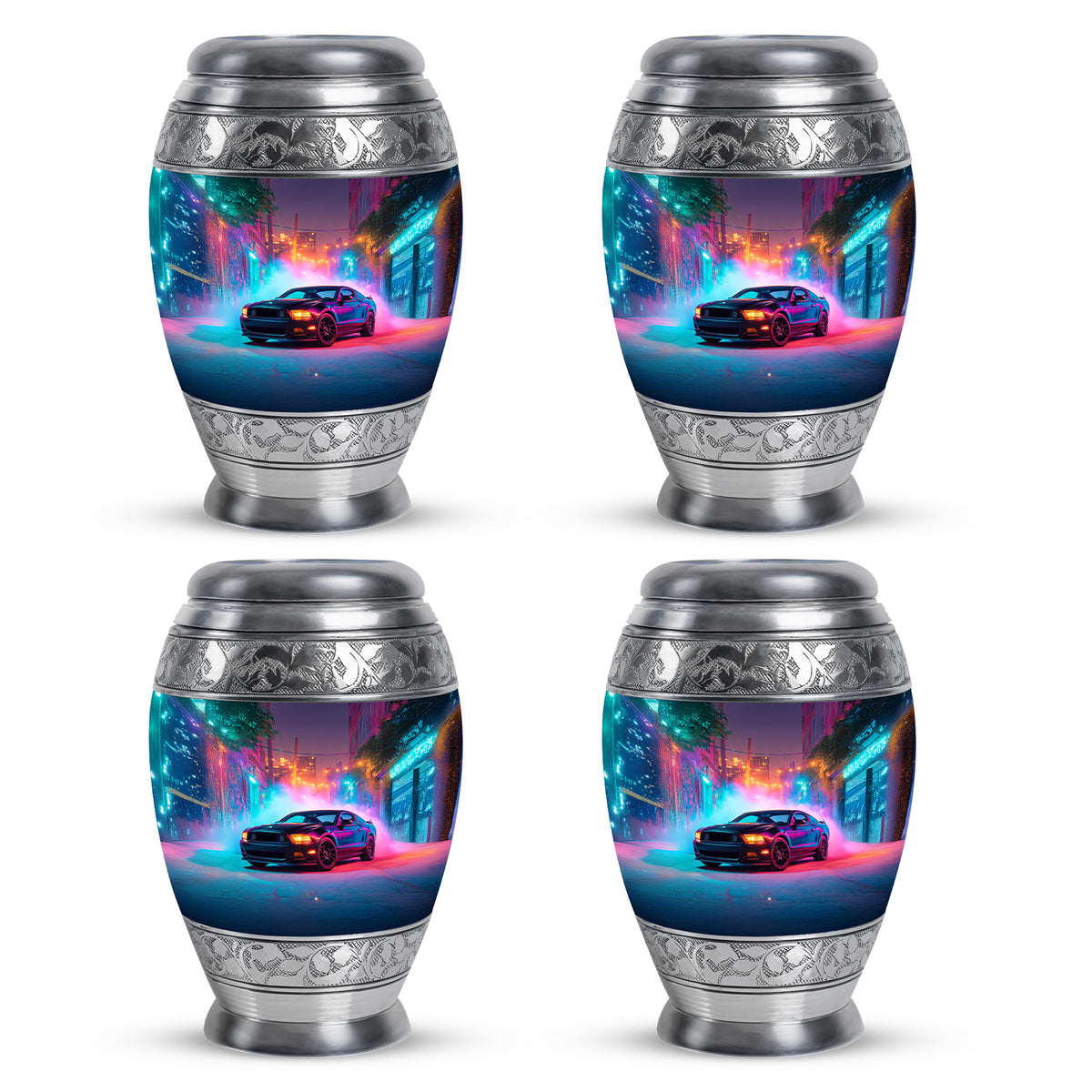 Cornflower Blue Car Cremation Urn urn with complimentary velvet bag - majestic car pattern with filigree border - 10 inch aluminum urn for cremated remains