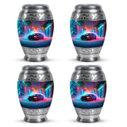 Cornflower Blue Car Cremation Urn urn with complimentary velvet bag - majestic car pattern with filigree border - 10 inch aluminum urn for cremated remains