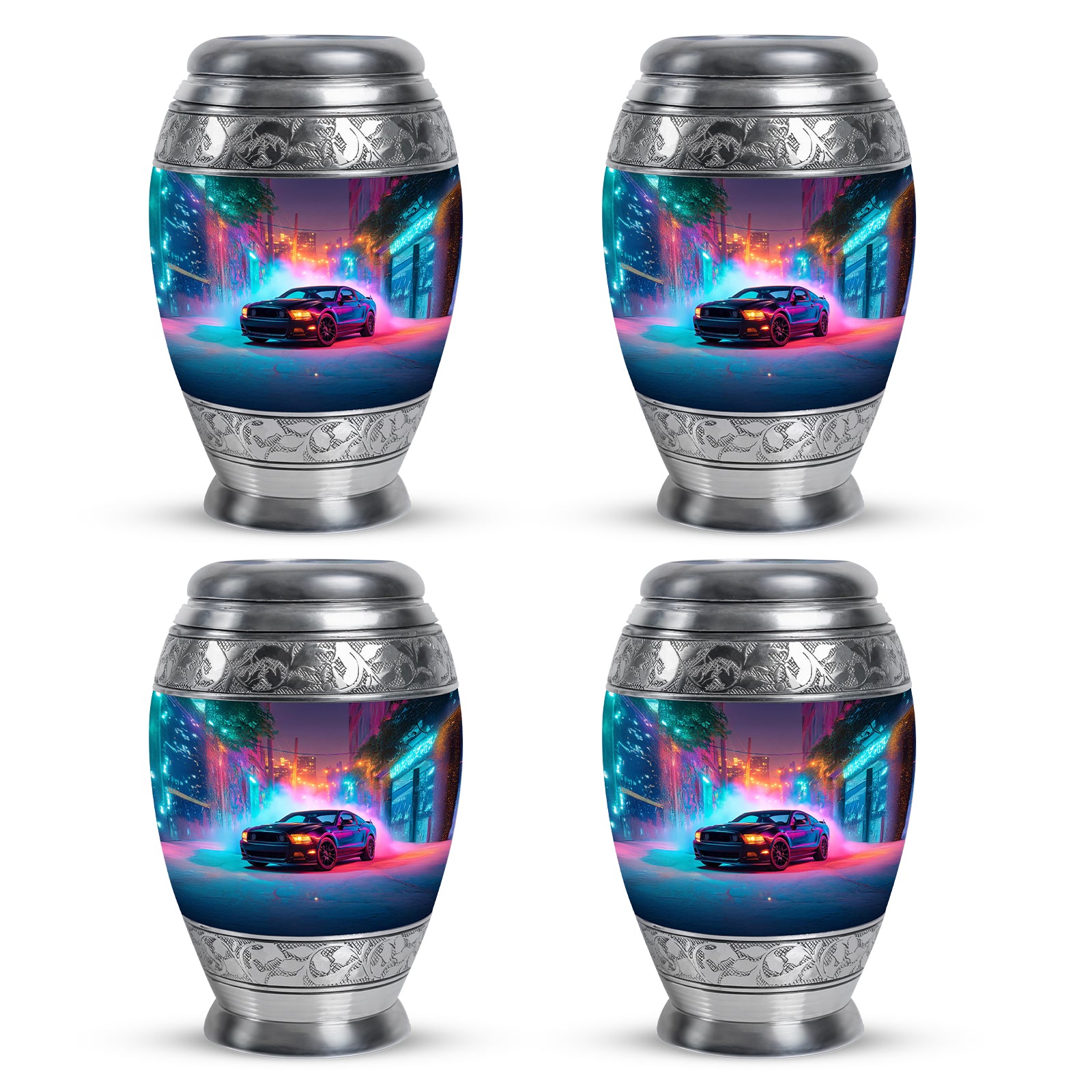 Cornflower Blue Car Cremation Urn urn with complimentary velvet bag - majestic car pattern with filigree border - 10 inch aluminum urn for cremated remains