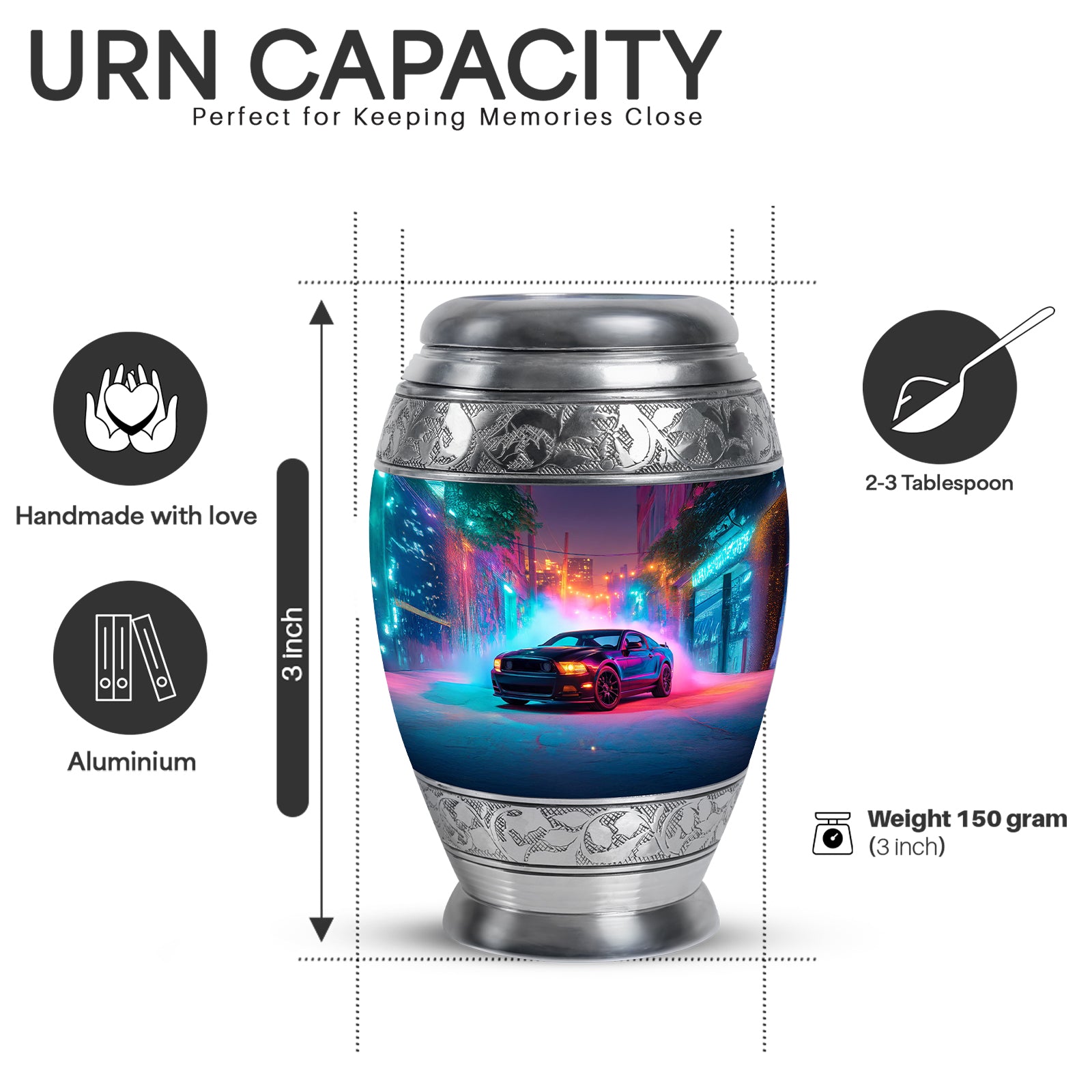 Indigo Car Cremation Urn lifestyle display on memorial shelf - ornate monarch-style car relief on brushed aluminum - mini keepsake memorial for portion of cremation ashes